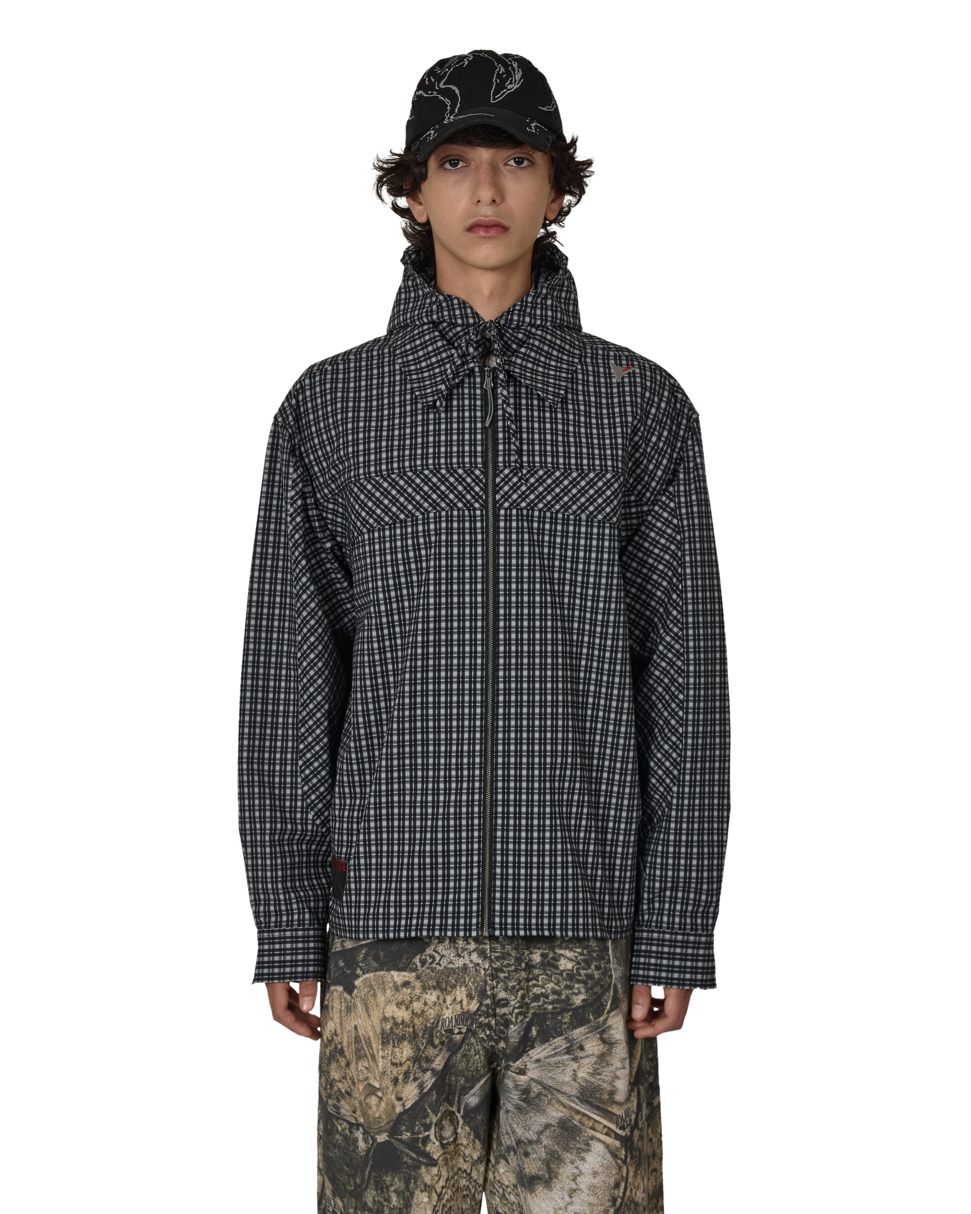 ROA Aair Floweave Printed Check Long Sleeve Hooded Shirt J325403-S-Black front