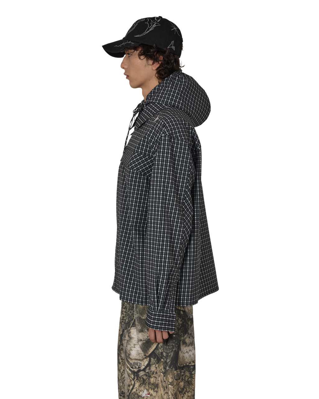 ROA Aair Floweave Printed Check Long Sleeve Hooded Shirt J325403-S-Black front