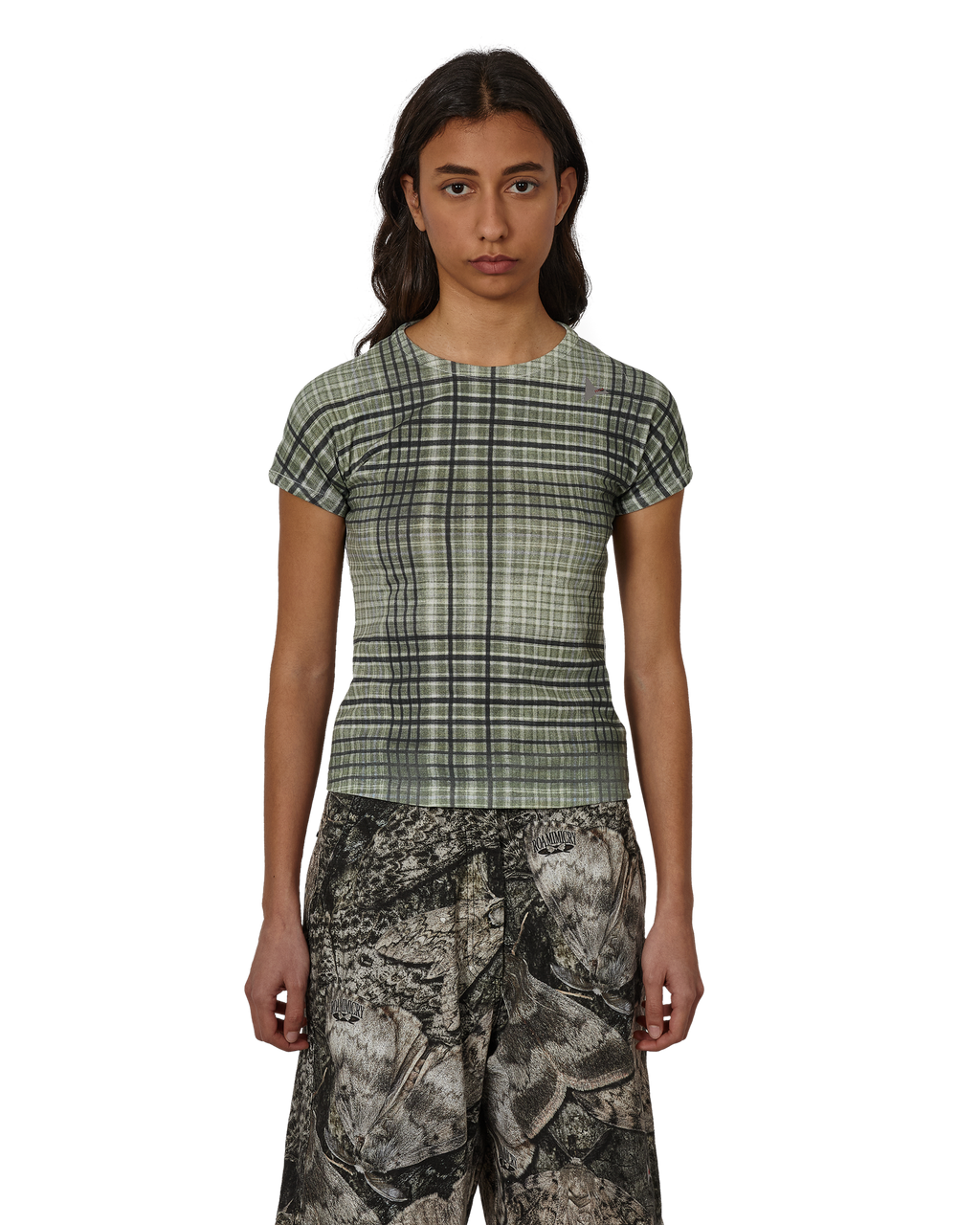 ROA Taba Printed Check Baby Tee J325463-L-Green front