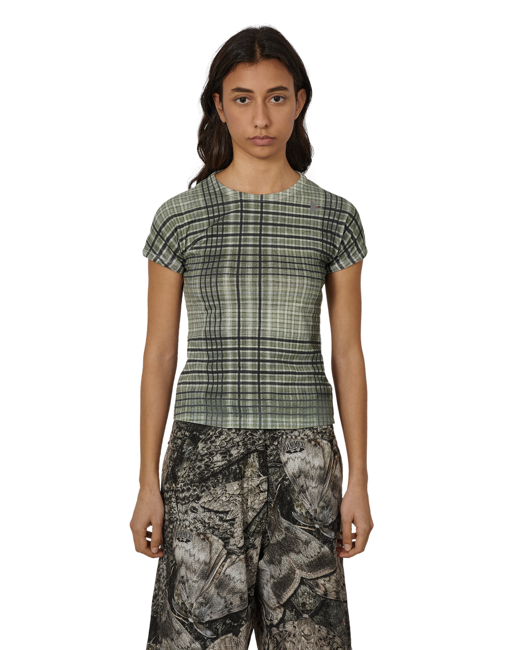 ROA Taba Printed Check Baby Tee J325463-XS-Green front